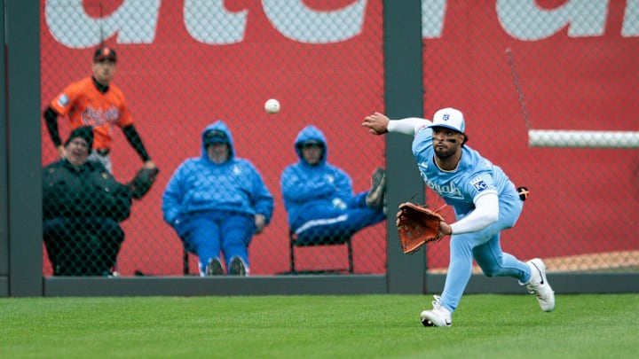 Apr 5, 2025; Kansas City, Missouri, USA; Kansas City Royals outfielder MJ Melendez (1) goes after a fly ball during the ninth inning against the Baltimore Orioles at Kauffman Stadium. Mandatory Credit: William Purnell-Imagn Images