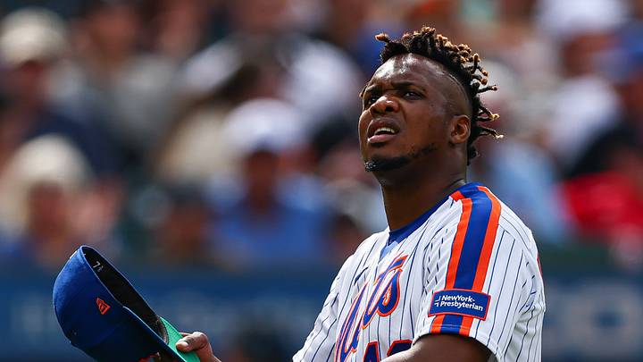 Aug 2, 2026; New York City, New York, USA;  New York Mets pitcher Huascar Brazoban (43) walks off the field after the top of the eighth inning against the Miami Marlins at Citi Field. Mandatory Credit: Vincent Carchietta-Imagn Images
