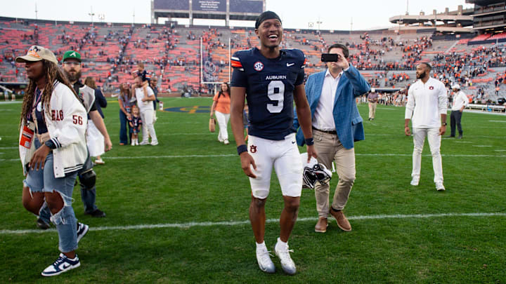 Auburn Tigers quarterback Deuce Knight (9) walks off the field as Auburn Tigers take on Mercer Bears at Jordan-Hare Stadium in Auburn, Ala. on Saturday, Nov. 22, 2025. Auburn Tigers defeated the Mercer Bears 62-17.