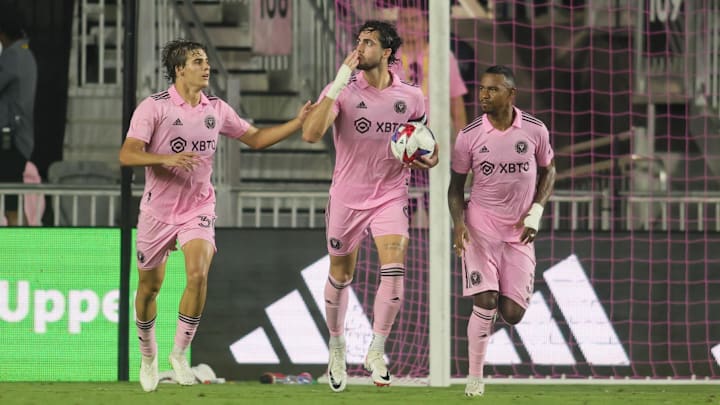 Inter Miami forward Leonardo Campana, center, celebrates with teammates Ben Cremaschi, left, and Dixon Arroyo after scoring against Columbus.