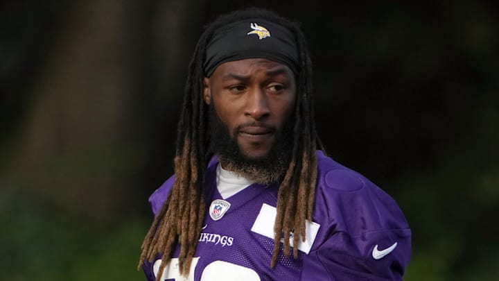 Oct 4, 2024; Watford, United Kingdom; Minnesota Vikings running back Aaron Jones (33) during practice at The Grove.