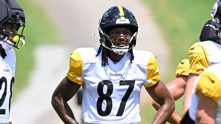 Aug 03, 2026; Latrobe, PA, USA; Pittsburgh Steelers wide receiver Brandon Smith (87) participates in a practice session at Training camp at Saint Vincent College. Mandatory Credit: Barry Reeger-Imagn Images Aug 03, 2026; Latrobe, PA, USA; Pittsburgh Steelers wide receiver Brandon Smith (87) participates in a practice session at Training camp at Saint Vincent College. Mandatory Credit: Barry Reeger-Imagn Images
