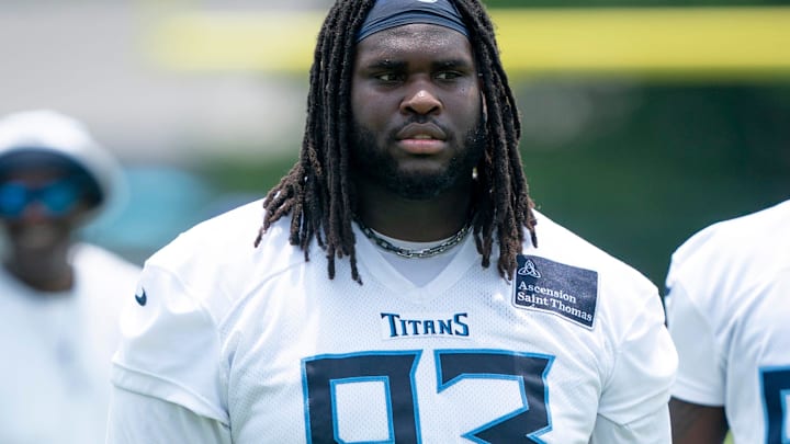 Tennessee Titans nose tackle T'Vondre Sweat (93) heads for the locker room after mandatory Titans Minicamp at Ascension Saint Thomas Sports Park in Nashville, Tenn., Tuesday, June 10, 2025.
