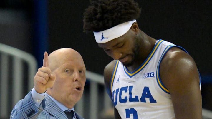 Jan 24, 2026; Los Angeles, California, USA;  UCLA Bruins head coach Mick Cronin talks with guard Eric Dailey Jr. (3) in the second half against the Northwestern Wildcats at Pauley Pavilion presented by Wescom Financial. Mandatory Credit: Jayne Kamin-Oncea-Imagn Images