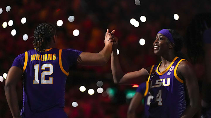 LSU guards Amani Bartlett (4) and Mikaylah Williams (12) meet on the court ahead of the game against the Texas Longhorns at the Moody Center on Sunday, Feb. 16, 2025. LSU guards Amani Bartlett (4) and Mikaylah Williams (12) meet on the court ahead of the game against the Texas Longhorns at the Moody Center on Sunday, Feb. 16, 2025.