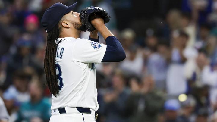 May 19, 2026; Seattle, Washington, USA; Seattle Mariners pitcher Luis Castillo (58) reacts following the final out of the seventh inning against the Chicago White Sox at T-Mobile Park. Mandatory Credit: Joe Nicholson-Imagn Images