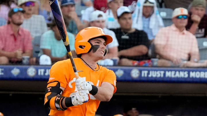 May 22, 2025; Hoover, AL, USA; Tennessee shortstop Gavin Kilen (6) connects for a solo homer to give Tennessee the lead in the 10th inning in the third round of the SEC Baseball Tournament at the Hoover Met. Tennessee eliminated Texas with a 12-inning 7-5 victory. Kilen drove in all three runs in extra innings.