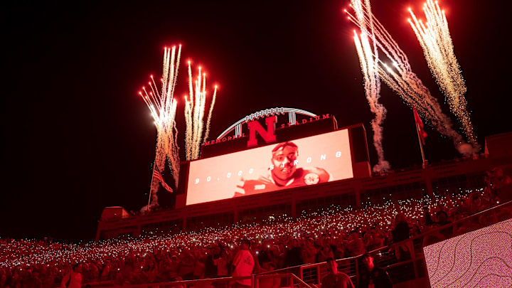Fireworks go off during a light show at the end of the third quarter at Memorial Stadium.