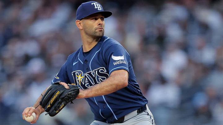May 22, 2026; Bronx, New York, USA; Tampa Bay Rays starting pitcher Nick Martinez (28) pitches against the New York Yankees during the first inning at Yankee Stadium. May 22, 2026; Bronx, New York, USA; Tampa Bay Rays starting pitcher Nick Martinez (28) pitches against the New York Yankees during the first inning at Yankee Stadium.