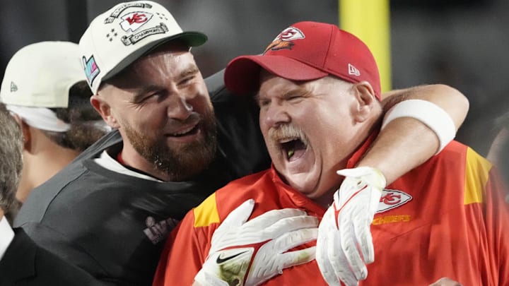 Feb. 12, 2023: Andy Reid and Travis Kelce celebrate the Kansas City Chiefs' win over the