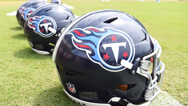 Jul 29, 2023; Nashville, TN, USA; View of helmets on the field as Tennessee Titans players finish training camp practice. Mandatory Credit: Christopher Hanewinckel-USA TODAY Sports Jul 29, 2023; Nashville, TN, USA; View of helmets on the field as Tennessee Titans players finish training camp practice. Mandatory Credit: Christopher Hanewinckel-USA TODAY Sports