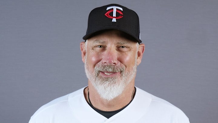 Feb 19, 2026; Lee County, FL, USA;  Minnesota Twins manager Derek Shelton (8) poses for a portrait during photo day at Hammond Stadium. Mandatory Credit: Jim Rassol-Imagn Images

