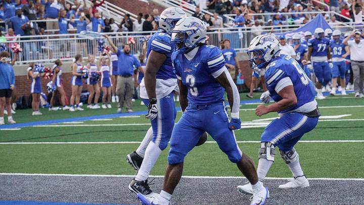 Byrnes High running back Tre Segarra reacts after scoring against TL Hanna High during the first quarter at Nixon Field at Byrnes High School in Duncan, S.C. Friday, August 22, 2025. Byrnes High running back Tre Segarra reacts after scoring against TL Hanna High during the first quarter at Nixon Field at Byrnes High School in Duncan, S.C. Friday, August 22, 2025.