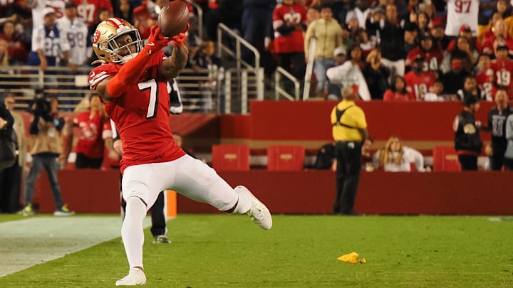 Oct 27, 2024; Santa Clara, California, USA; San Francisco 49ers cornerback Charvarius Ward (7) attempts to gather the ball on a Dallas Cowboys incomplete pass during the fourth quarter at Levi's Stadium. Oct 27, 2024; Santa Clara, California, USA; San Francisco 49ers cornerback Charvarius Ward (7) attempts to gather the ball on a Dallas Cowboys incomplete pass during the fourth quarter at Levi's Stadium.