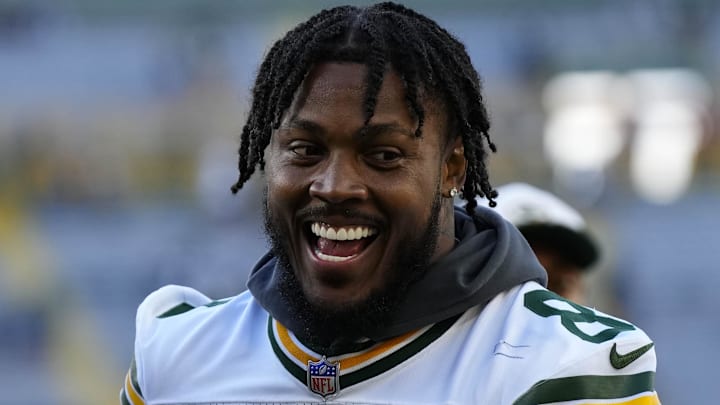Aug 23, 2025; Green Bay, Wisconsin, USA;  Green Bay Packers running back Josh Jacobs (8) following the game against the Seattle Seahawks at Lambeau Field.