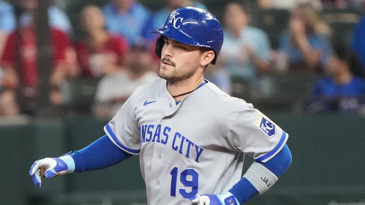 May 31, 2026; Arlington, Texas, USA; Kansas City Royals second baseman Michael Massey (19) circles the base on his two-run home run against the Texas Rangers during the eighth inning at Globe Life Field. Mandatory Credit: Jim Cowsert-Imagn Images