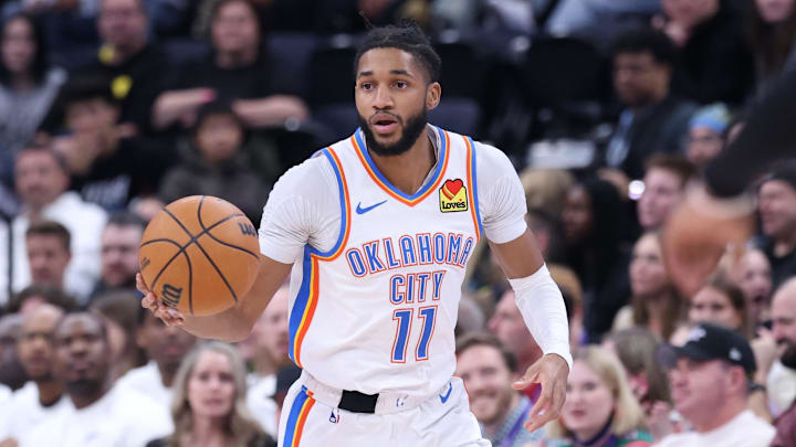 Feb 21, 2025; Salt Lake City, Utah, USA; Oklahoma City Thunder guard Isaiah Joe brings the ball up the court against the Utah Jazz during the second quarter at Delta Center. Feb 21, 2025; Salt Lake City, Utah, USA; Oklahoma City Thunder guard Isaiah Joe brings the ball up the court against the Utah Jazz during the second quarter at Delta Center.