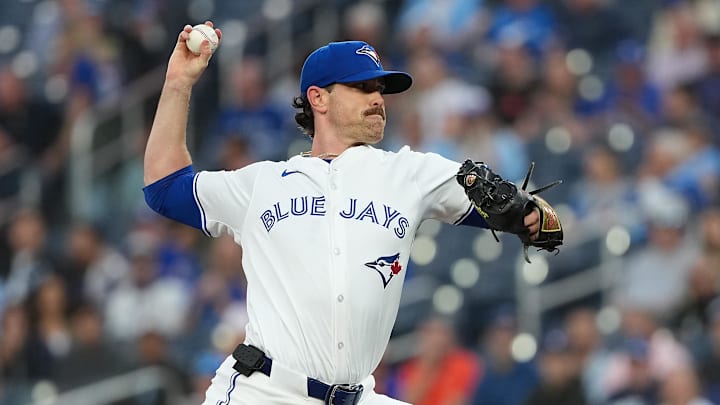 Sep 9, 2025; Toronto, Ontario, CAN; Toronto Blue Jays starting pitcher Shane Bieber (57) throws a pitch against the Houston Astros during the first inning at Rogers Centre. Mandatory Credit: Nick Turchiaro-Imagn Images