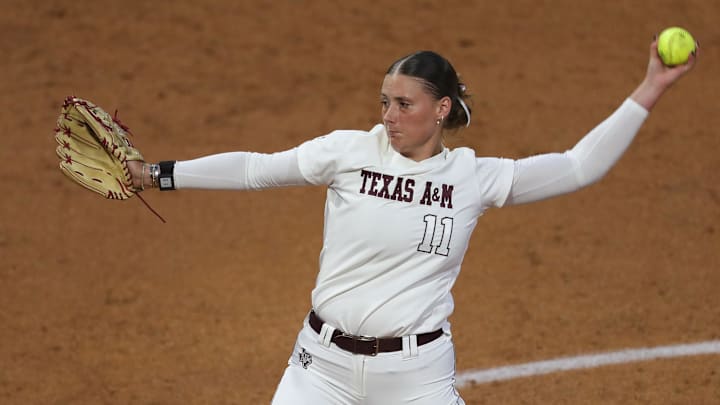 May 9, 2025; Athens, GA, USA; Texas A&M starting pitcher/relief pitcher Emiley Kennedy (11) pitches during a game against Texas at Jack Turner Stadium. Mandatory Credit: Mady Mertens-Imagn Images May 9, 2025; Athens, GA, USA; Texas A&M starting pitcher/relief pitcher Emiley Kennedy (11) pitches during a game against Texas at Jack Turner Stadium. Mandatory Credit: Mady Mertens-Imagn Images