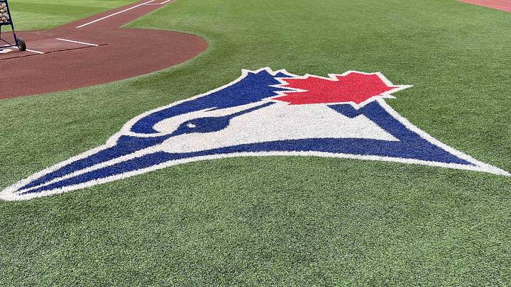 Aug 14, 2022; Toronto, Ontario, CAN; The Toronto Blue Jays logo during batting practice against the Cleveland Guardians at Rogers Centre. Mandatory Credit: Nick Turchiaro-Imagn Images