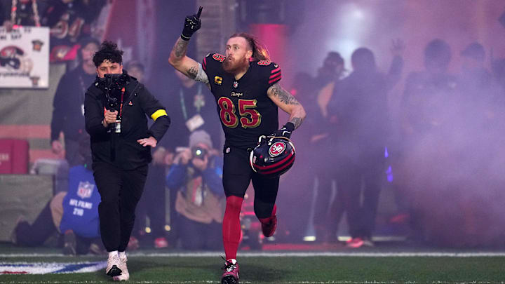 Jan 3, 2026; Santa Clara, California, USA; San Francisco 49ers tight end George Kittle (85) takes the field before the game at Levi's Stadium. Mandatory Credit: Neville E. Guard-Imagn Images
