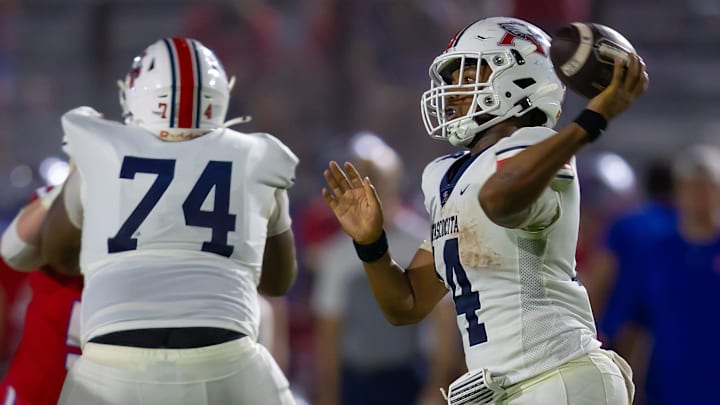 Atascosita's Cardae Mack (14) releases a pass in a win at nationally ranked Westlake on Sept 13, 2024.