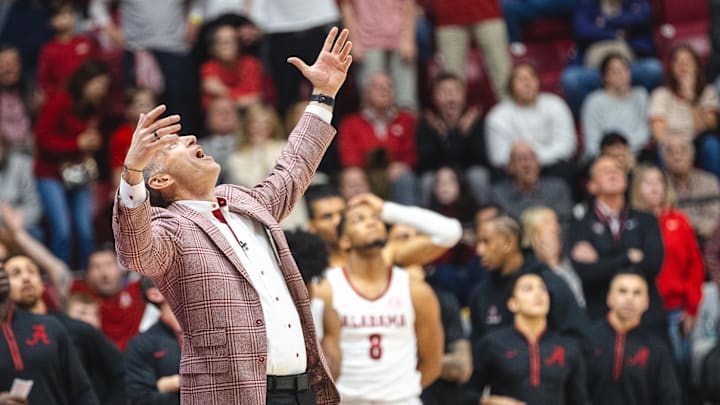 Mar 5, 2025; Tuscaloosa, Alabama, USA; Alabama Crimson Tide head coach Nate Oats reacts to a foul being called on Alabama Crimson Tide guard Mark Sears (1) during the second half against the Florida Gators at Coleman Coliseum. Mandatory Credit: Will McLelland-Imagn Images Mar 5, 2025; Tuscaloosa, Alabama, USA; Alabama Crimson Tide head coach Nate Oats reacts to a foul being called on Alabama Crimson Tide guard Mark Sears (1) during the second half against the Florida Gators at Coleman Coliseum. Mandatory Credit: Will McLelland-Imagn Images