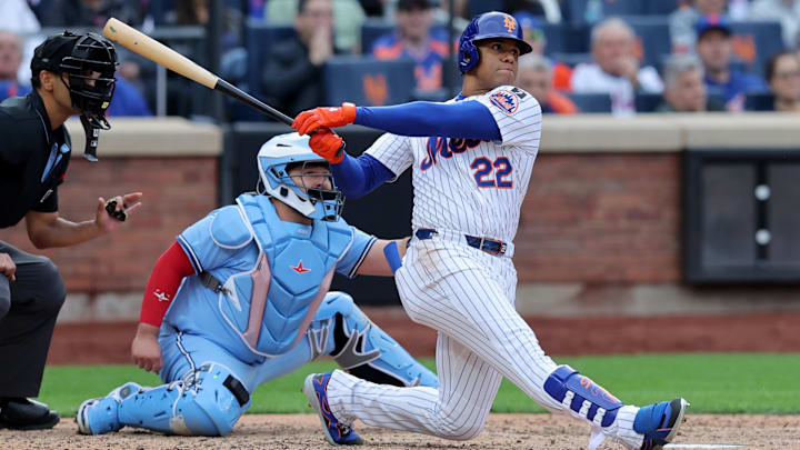 Apr 4, 2025; New York City, New York, USA; New York Mets right fielder Juan Soto (22) follows through on an RBI double against the Toronto Blue Jays during the sixth inning at Citi Field. Mandatory Credit: Brad Penner-Imagn Images Apr 4, 2025; New York City, New York, USA; New York Mets right fielder Juan Soto (22) follows through on an RBI double against the Toronto Blue Jays during the sixth inning at Citi Field. Mandatory Credit: Brad Penner-Imagn Images