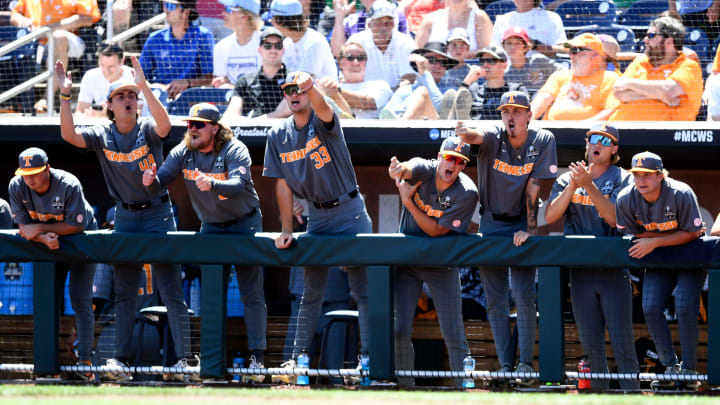 The Tennessee dugout celebrating after the game it tied against Stanford during the NCAA Baseball College World Series in Omaha, Nebraska, on Monday, June 19, 2023.