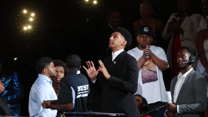 Jun 26, 2024; Brooklyn, NY, USA; Ryan Dunn reacts after being selected in the first round by the Denver Nuggets in the 2024 NBA Draft at Barclays Center. Mandatory Credit: Brad Penner-USA TODAY Sports