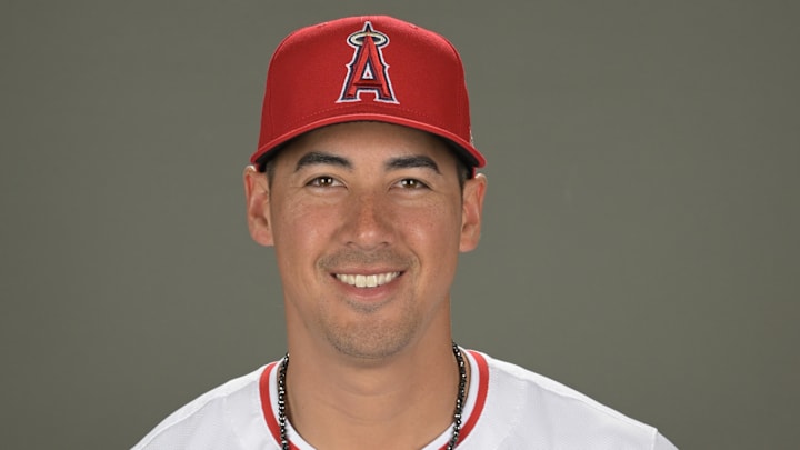 Feb 21, 2024; Tempe, AZ, USA; Los Angeles Angels relief pitcher Robert Stephenson (24) poses for a photo on media day in Tempe, AZ. Mandatory Credit: Jayne Kamin-Oncea-Imagn Images