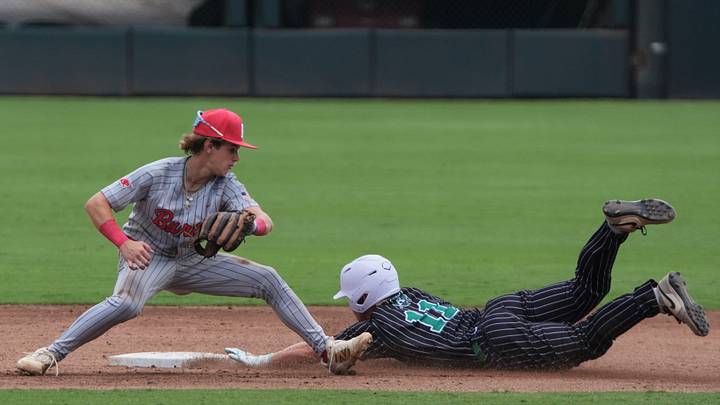 Ropes' Ryland Kieth steals second base against Burton in the Class 2A Division II baseball state championship Thursday, June 4, 2026, at Dell Diamond in Round Rock. Kieth was named to the All-Tournament Team for Class 2A. 