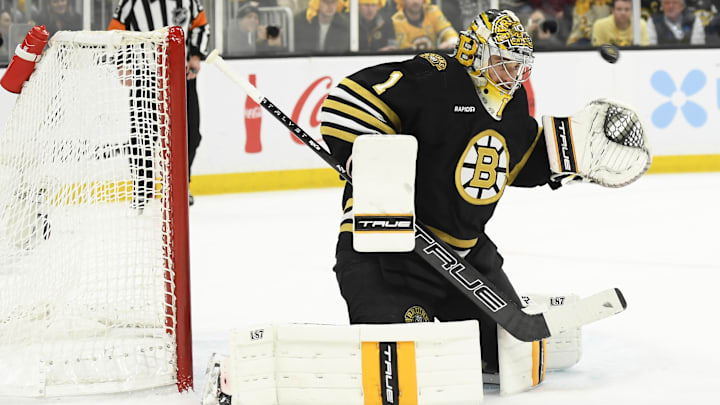 May 4, 2024; Boston, Massachusetts, USA; Boston Bruins goaltender Jeremy Swayman (1) makes a save during the second period in game seven of the first round of the 2024 Stanley Cup Playoffs against the Toronto Maple Leafs at TD Garden. Mandatory Credit: Bob DeChiara-Imagn Images