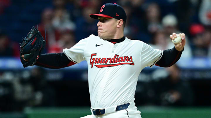 Oct 18, 2024; Cleveland, Ohio, USA; Cleveland Guardians pitcher Erik Sabrowski (62) pitches in the third inning against the New York Yankees during game four of the ALCS for the 2024 MLB playoffs at Progressive Field. Mandatory Credit: David Dermer-Imagn Images