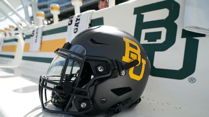 Sep 20, 2025; Waco, Texas, USA; A Baylor Bears helmet sits on the team bench prior to a game against the Arizona State Sun Devils at McLane Stadium. Mandatory Credit: Chris Jones-Imagn Images