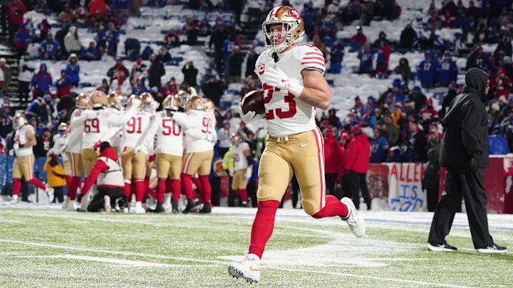 Dec 1, 2024; Orchard Park, New York, USA; San Francisco 49ers running back Christian McCaffrey (23) warms up prior to the game against the Buffalo Bills at Highmark Stadium. Mandatory Credit: Gregory Fisher-Imagn Images