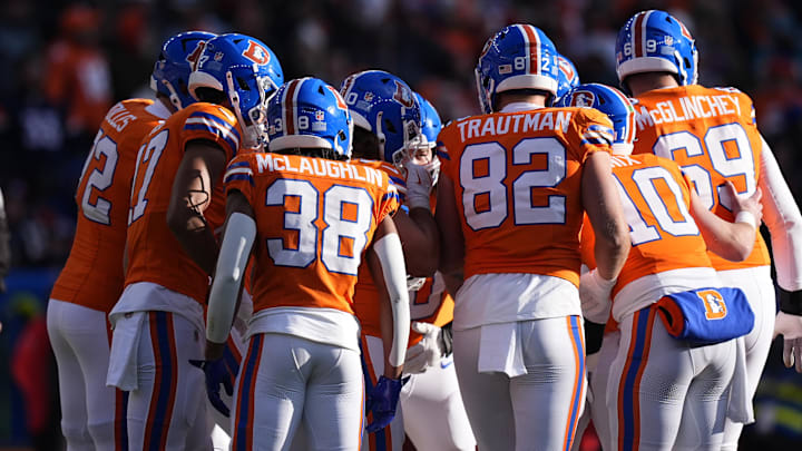 Jan 5, 2025; Denver, Colorado, USA; Members of the Denver Broncos offensive squad huddle in the first quarter against the Kansas City Chiefs at Empower Field at Mile High. Mandatory Credit: Ron Chenoy-Imagn Images Jan 5, 2025; Denver, Colorado, USA; Members of the Denver Broncos offensive squad huddle in the first quarter against the Kansas City Chiefs at Empower Field at Mile High. Mandatory Credit: Ron Chenoy-Imagn Images