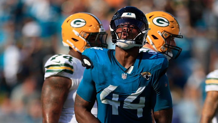 Jacksonville Jaguars defensive end Travon Walker (44) reacts to his sack on Green Bay Packers quarterback Malik Willis (2) during the fourth quarter of an NFL football matchup Sunday, Oct. 27, 2024 at EverBank Stadium in Jacksonville, Fla. The Packers edged the Jaguars 30-27 on a last-second field goal. [Corey Perrine/Florida Times-Union]