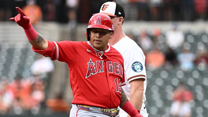 Aug 4, 2026; Baltimore, Maryland, USA; Los Angeles Angels designated hitter Moisés Ballesteros (13) hits a single during the second inning against the Baltimore Orioles at Oriole Park at Camden Yards. Mandatory Credit: James A. Pittman-Imagn Images Aug 4, 2026; Baltimore, Maryland, USA; Los Angeles Angels designated hitter Moisés Ballesteros (13) hits a single during the second inning against the Baltimore Orioles at Oriole Park at Camden Yards. Mandatory Credit: James A. Pittman-Imagn Images