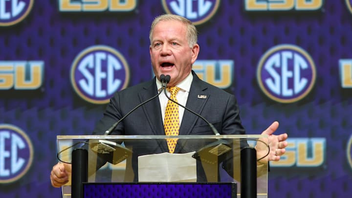 Jul 16, 2025; Atlanta, GA, USA; LSU Tigers head coach Brian Kelly talks to the media during SEC Media Day at Omni Atlanta Hotel. Mandatory Credit: Jordan Godfree-Imagn Images