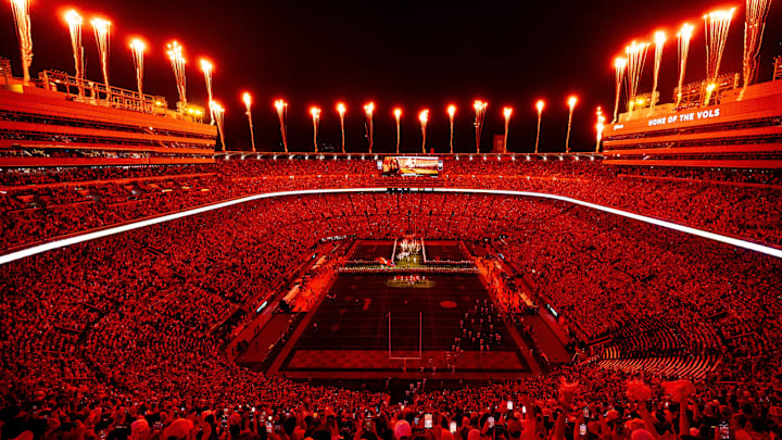 Fireworks go off over Neyland Stadium as Tennessee runs through the T before a college football game against Mississippi State in Knoxville, Tenn., on Saturday, Nov. 9, 2024.