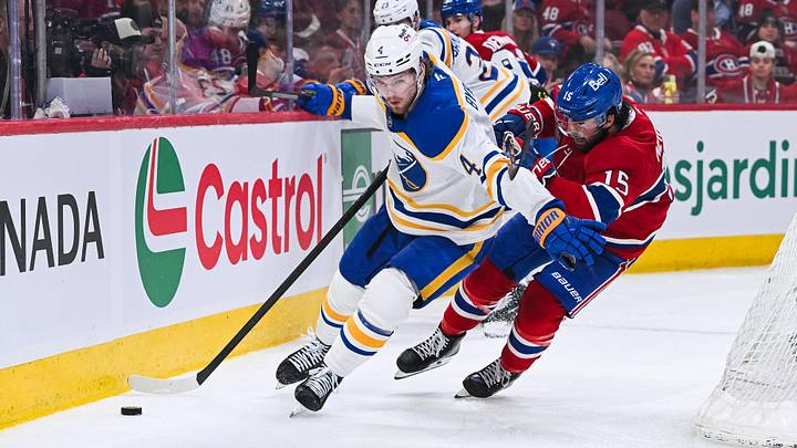 May 16, 2026; Montreal, Quebec, CAN; Buffalo Sabres defenseman Bowen Byram (4) defends the puck against Montreal Canadiens center Alex Newhook (15) during the third period in game six of the second round of the 2026 Stanley Cup Playoffs at Bell Centre. Mandatory Credit: David Kirouac-Imagn Images May 16, 2026; Montreal, Quebec, CAN; Buffalo Sabres defenseman Bowen Byram (4) defends the puck against Montreal Canadiens center Alex Newhook (15) during the third period in game six of the second round of the 2026 Stanley Cup Playoffs at Bell Centre. Mandatory Credit: David Kirouac-Imagn Images