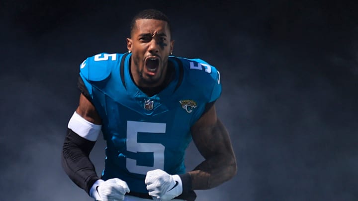 Jacksonville Jaguars safety Andre Cisco (5) is introduced before an NFL football matchup Sunday,