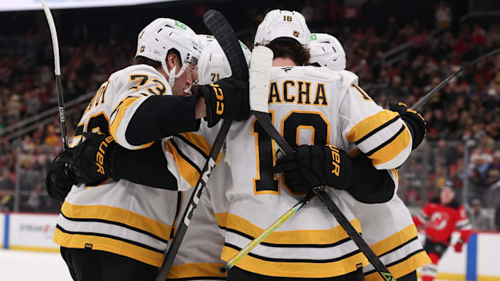 Mar 16, 2026; Newark, New Jersey, USA; Boston Bruins center Pavel Zacha (18) celebrates his goal against the New Jersey Devils during the first period at Prudential Center. Mandatory Credit: Ed Mulholland-Imagn Images