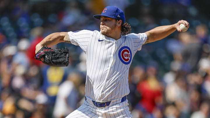 Sep 18, 2024; Chicago, Illinois, USA; Chicago Cubs starting pitcher Justin Steele (35) delivers a pitch against the Oakland Athletics during the first inning at Wrigley Field.