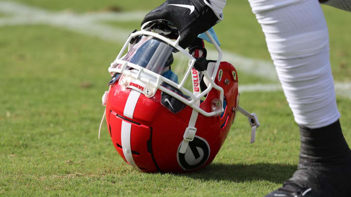 Oct 28, 2023; Jacksonville, Florida, USA; A detail view of a Georgia Bulldogs helmet prior to the game against the Florida Gators at EverBank Stadium. Mandatory Credit: Kim Klement Neitzel-USA TODAY Sports