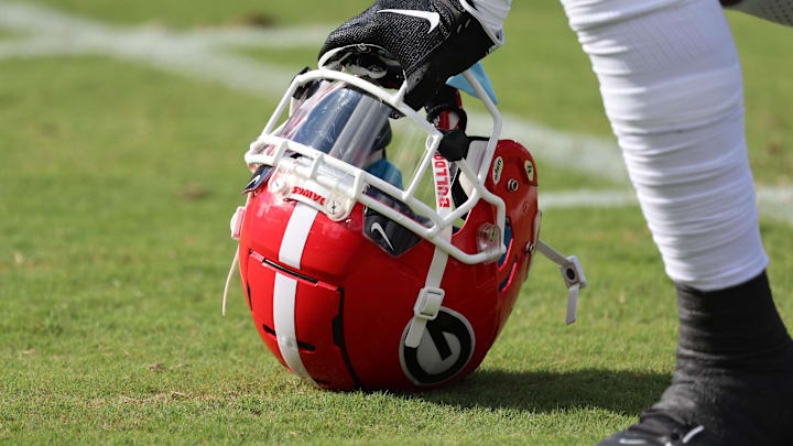Oct 28, 2023; Jacksonville, Florida, USA; A detail view of a Georgia Bulldogs helmet prior to the game against the Florida Gators at EverBank Stadium. Mandatory Credit: Kim Klement Neitzel-Imagn Images