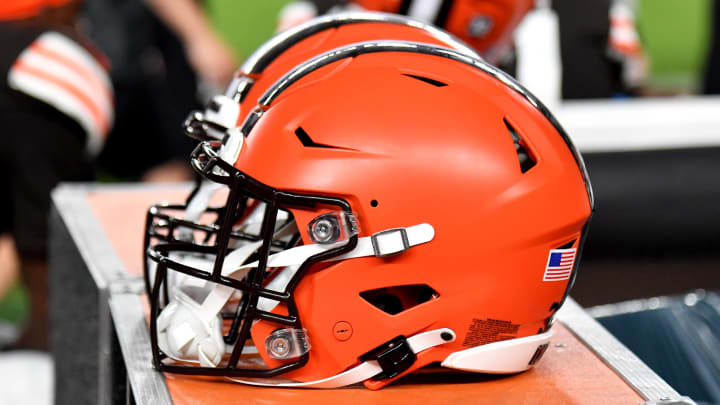 Aug 17, 2023; Philadelphia, Pennsylvania, USA; Cleveland Browns helmet on the sidelines against the Philadelphia Eagles at Lincoln Financial Field. Aug 17, 2023; Philadelphia, Pennsylvania, USA; Cleveland Browns helmet on the sidelines against the Philadelphia Eagles at Lincoln Financial Field.