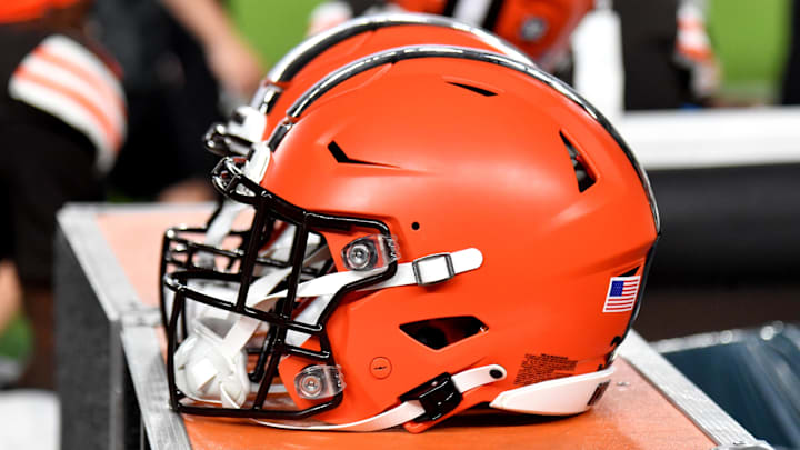 Aug 17, 2023; Philadelphia, Pennsylvania, USA; Cleveland Browns helmet on the sidelines against the Philadelphia Eagles at Lincoln Financial Field. Mandatory Credit: Eric Hartline-Imagn Images