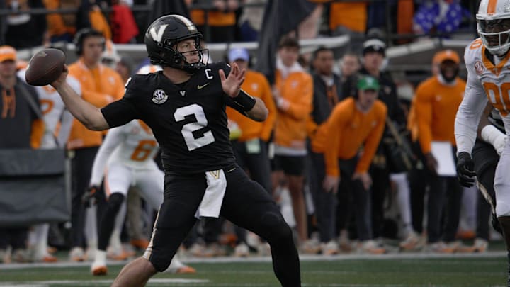 Vanderbilt quarterback Diego Pavia (2) passes during the fourth quarter at FirstBank Stadium in Nashville, Tenn., Saturday, Nov. 30, 2024.
